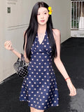 French Temperament Blue V Neck Hanging Dress Skirt Women Summer New Seaside Holiday Style Wear