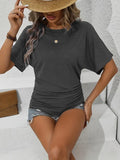 2025 Ladies Casual Fashion Pure Color Folded Round Collar Short Sleeves To Repair Summer T-Shirt
