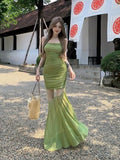 Net Yarn Spliced Green Sling Dress Women's Summer Fishtail Dress Design Feel-Bice Long Skirt