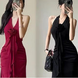 French Elegant Red Hanging Neck Sling Dress Women Summer New Hottie Sexy Back Temperament Waist Dress