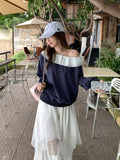 Tibetan Blue Word Shoulder Lace Spliced Long-Sleeved Sweater Women 2026 Autumn New Loose Shoulder Bottoming Shirt Top