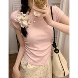 2026 Summer New Dopamine Light Blue Collar Front Shoulder Short Flying Sleeve T-Shirt Folds To The Waist Thin Top Lady