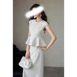 Spring And Summer New Woven Material Hepburn Wind Waist Umbrella-Shaped Top High-Rise Skirt Set