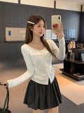 Half-Open Collar Two Lace Splicing Long-Sleeved T-Shirt Women 2026 Early Autumn Wood Ear Design Bottom Shirt Top