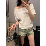 White Solid Color Oblique Shoulder Short-Sleeved T-Shirt 2026 Summer New Word Shoulder Loose Meat Thin Top