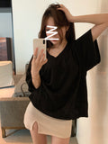 Large-Size Fat MM Korean Version Of Leisure Lazy Wind V-Neck Short-Sleeved T-Shirt Women's Summer New Loose Thin Meat Clothes