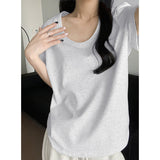 Pink U-Neck Shoulder Short-Sleeved Women's T-Shirt Summer New Large-Size Fat Mm Shaved Stomach Big Thin Loose Tops Hidden Meat
