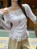 Korean Collared Long-Sleeved T-Shirt Girl Spring New Lace Spliced Under The Hem Wrinkled Thin Temperament Small Blouse