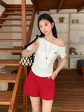 Pure Desire To Lean Shoulder Bows Short-Sleeved T-Shirt 2026 Summer New Folds Repair Body Thin Inside T-Carved Shoulder Coat