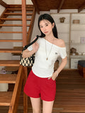 Pure Desire To Lean Shoulder Bows Short-Sleeved T-Shirt 2026 Summer New Folds Repair Body Thin Inside T-Carved Shoulder Coat