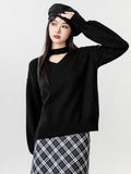 2025 Autumn And Winter New Black V-Neck Sweater Women In The Spring And Autumn With Long Sleeve Bottom Shirt Outside Wearing Hanging Neck Knitting Tops