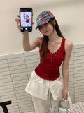 Red V-Neck Button Wearing Sling Vest For The Summer Women's New Sleeveless Repair Body To Cover The Back Of The Top