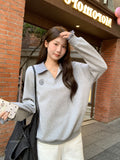 Grey Lattice Collar Fake Two Long-Sleeved Edgy Women 2026 Autumn And Winter Embroidery Small Flowers Loose Thin Top