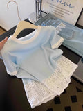 Korean Fresh Lace Side Splicing Hollow Short-Sleeved T-Shirt For Women's Summer French Ice Collar Collar
