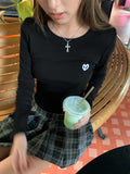 Embroidered Round Collar Shoulder Long-Sleeved T-Shirt Girl Autumn Folded Waist Repair Inside The Beautiful Bottom Shirt