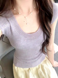 Korean Version Of The Solid Color Ice Silk Knitted U Collar Short-Sleeved T-Shirt Girl Summer Thin Thinch Waist Thin Simple Temperament Blouse