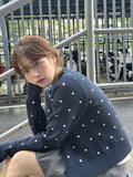 Korean Early Autumn Atmosphere Wearing A Hidden Blue Retro Knit Shirt Sweater Jacket Thin Top