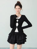 Sweet Hottie Round Collar Fake Two Design Feel To Take T-Shirts 2026 Early Autumn Wave Print Bottom Shirt Top
