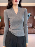 High-Level Sense V Collar Knitted Shirt Women's Bottom Shirt Autumn And Winter New Large-Size Fat Mm Slim Slim Thin Belly Top