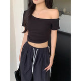 White Side Slanted Shoulder Short-Sleeved T-Shirt Girl Summer Short Shoulder Short-Term Open Umbilical Hottie Pure Desire To Repair The Body Clothes
