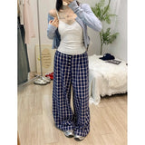 Hidden Blue Lattice Pants Women Summer Lazy Wind Loose Meat Display Thin Leg Trousers