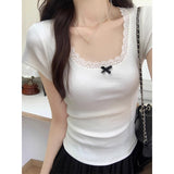 White Pure Lust Sweet Lace Slimming Short-Sleeved T-Shirt For The Summer New Shoulder Short Inside The Top Ins