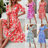 Dili Dress Women's Dress 2025 Spring And Summer Holiday Printing Waist V Neck Chiffon Short Sleeve Dress