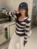 Pure Desire Stripe V-Neck Long-Sleeved Knitted Shirt Women Autumn And Winter Hemp Flower Design Slimming Thin Bottom Shirt Inside The Top