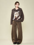 Brown Puppy Plush Collar Long-Sleeved Knitted Sweater Coat In Autumn And Winter Bottom With Thicker Warm Tops For Women