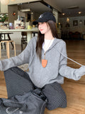 Flower Gray Hooded Draw Rope Long-Sleeved Zipper Knitted Cardigan Women 2026 Fall Languid Sweater Jacket