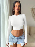 2025 Female Explosive Women's Sexy Hot Girl Solid Color Collar Body Open Umbilical Long-Sleeved T-Shirt Women's Clothing