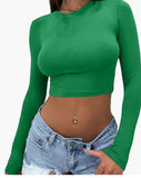 2025 Female Explosive Women's Sexy Hot Girl Solid Color Collar Body Open Umbilical Long-Sleeved T-Shirt Women's Clothing