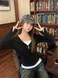 Fake Two Black And White Bumps With Velvet Thick Warm Body Bottom Women's Autumn And Winter New Long Sleeve Zipper Top