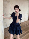 French Spice Girls V Collared Thin Hepburn Style Dress Women's Summer Retro Body Soaked-Sleeved Cake Skirt