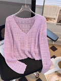 White Hollow Knitted Cardigan Girl Thin Long-Sleeved Ice Silk Shawl With Sling Skirt Air-Conditioning Shirt Summer