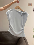 Korean Blue Splicing Strap Design Sense Short-Sleeved T-Shirt Women 2026 Summer New Sleeveless Unique Top