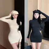 Spice Girl Deli Long Sleeve Dress Women's Winter Under-Bottomed And Buffet Dress High-Necked Slim Short Dress