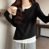 This Year's Popular Splicing Button Half-Open-Neck Long Sleeves Hit Two T-Shirts Women's Gas Hit Bottom Shirt Tops