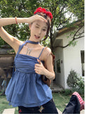 Sweet Babes Hanging Neck Blue Sling Sling Vest Women Summer 2026 New Korean Collar Folds Waist Top