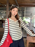 Apricot Stripe Splicing Two Long-Sleeved Knitted T-Shirt Women 2026 Early Autumn Folding Waist Top