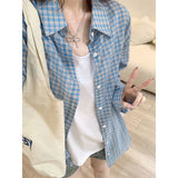 Small Fresh Blue Plaid Long-Sleeved Shirt Women Spring And Autumn New Design Sense Loose Thin Lazy Shirt Top