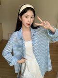 Designing A Blue Check-In Long-Sleeved Shirt For Women 2026 Summer New Commuter Loose Relaxation Small Top