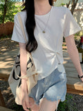 Pure Cotton Shoulder Irregular Folding Short T-Shirt Girls Summer Slim Thin Short Sleeve Design Sympatho Jacket Tide