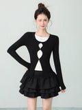 Sweet Hottie Round Collar Fake Two Design Feel To Take T-Shirts 2026 Early Autumn Wave Print Bottom Shirt Top