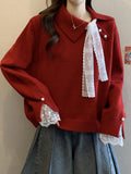 High-End Red Sweater Autumn And Winter 2025 New Large-Size Women's Fat Mm Beautiful Lace Spliced Knitted Shirt Top