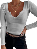 Spring And Winter Pure Color Pit Deep U Collar Long-Sleeved Casual Fashion Women's T-Shirt Spicy