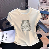 Pure Cotton Short-Sleeved Female Design Sense Niche Cat Print Short-Sleeved T-Shirt Summer Body Straight Shoulder Chic Beautiful Top