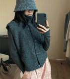 Texture Circle Buckle High-Neck Sweater Women's Autumn And Winter New Korean Linen Thin Sleeveless Vest Thick Top