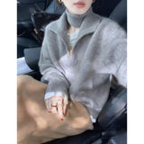European Goods Old Money Wind Green V Collared Horse Hair Sweater Women Autumn And Winter Lazy High Sense Thick Collar Knitting Top