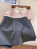 French Sweet And Gentle Pink Doll Collar Knitted Short-Sleeved T-Shirt For Girls Summer New Slimming Temperament Top